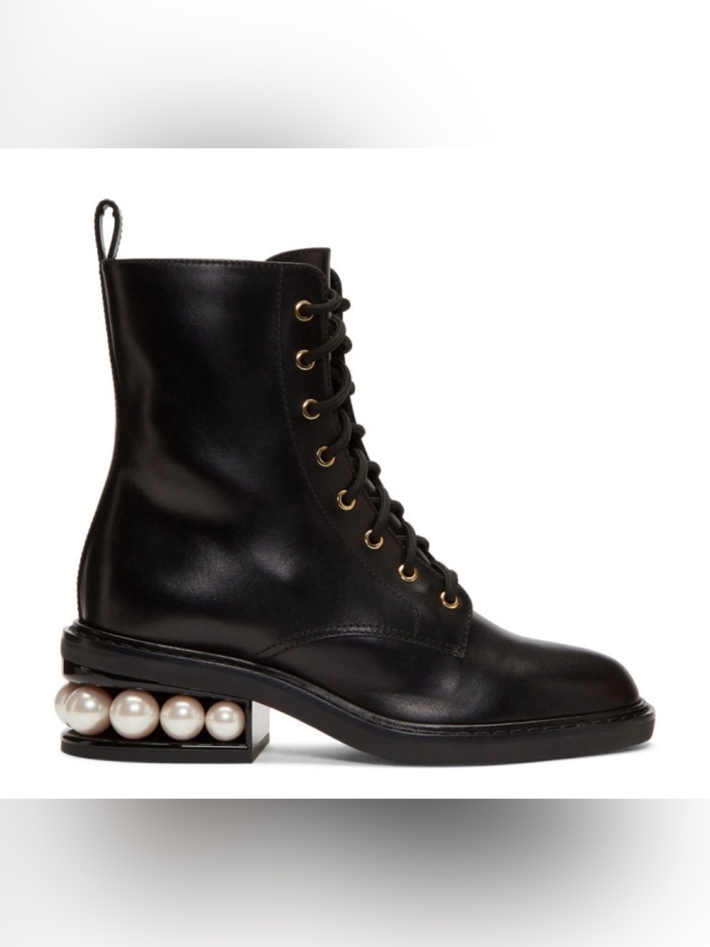 Nicholas Kirkwood Black Leather Lace-Up Combat Boots with Pearl Heel